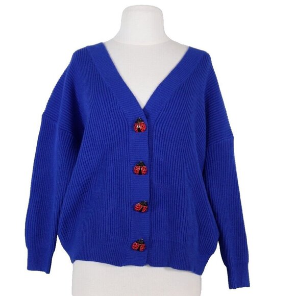 Olivia Rubin Small Blue Frankie Motif-Buttons Cardigan Sweater Ladybug Knit NWT - Picture 2 of 10
